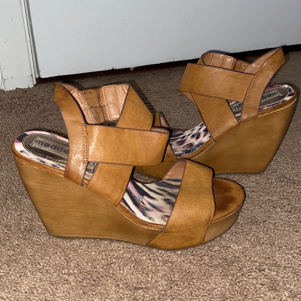 Madden girl wood tan wedge heels